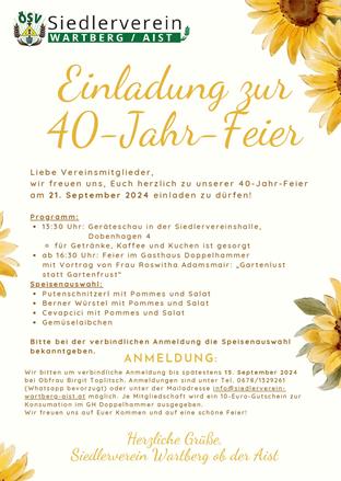 Siedlerverein Wartberg ob der Aist, Aktuelles - Einladung 40 Jahre Siedlerverein